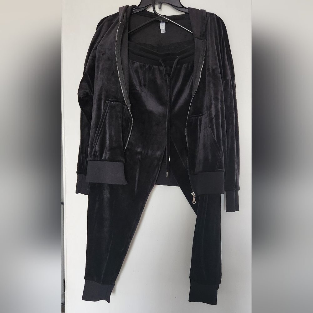 Felina Black Velour Hooded Jumpsuit Set